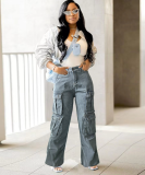 Pocket Cargo Washed Denim Pants Wide Leg Women Jeans