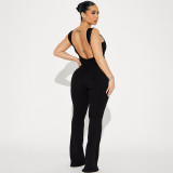Women Summer Casual Square Neck Backless Bell Bottom Jumpsuit