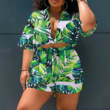 Plus Size Women Printed Short Sleeve Shirt And Shorts Two-piece Set