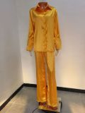 Solid Color Satin Long Sleeve Casual Two Piece Pants Set Trendy Lounge Wear
