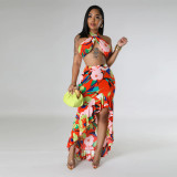 Women Summer Top and Ruffled Slit Skirt Two-piece Set