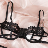 Women lace black Patchwork hollow breathable sexy lingerie two-piece set