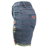 Women Pocket Ripped Tassel Denim Shorts