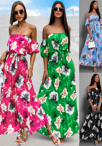 Women Sexy Off Shoulder Pleated Print Summer Print Long Dress