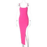 Women's Summer Fashion And Sexy Low Back Slit Solid Color Strap Dress