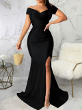 Summer Plus Size Women's Sexy Solid Color V-Neck Slit Nightclub Long Dress