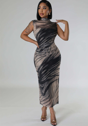 Women mesh elegant sleeveless printed dress