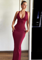 Women Summer Pleated Halter Neck Strappy Sexy V-Neck Backless Dress