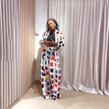 Women Casual Printed Slit Robe and Pant Two-piece Set
