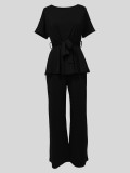 Women Summer Solid Lace-Up Top and Wide Leg Pants Casual Two-piece Set