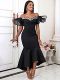Sexy Mesh Off Shoulder Mermaid Dress Formal Party Beaded Dresses