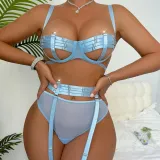 Women Sexy Lace-Up Mesh Patchwork Sexy Lingerie Two-piece Set