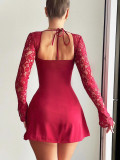 Summer Women Lace Long Sleeve Sexy Backless Plunging Bodycon Dress