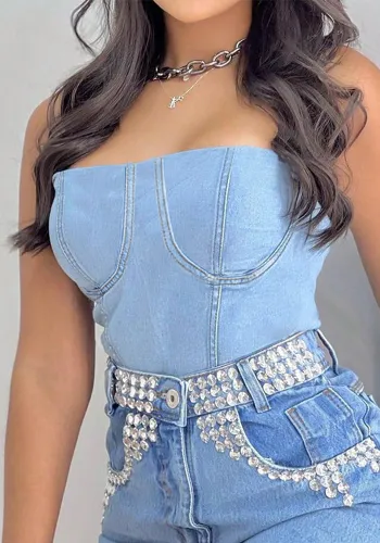 Women Denim Strapless Zipper Sexy Tank Top Top