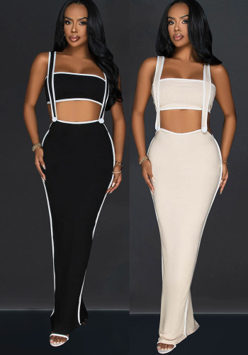 Women Sexy Backless Suspender Top and Long Dress Two-piece Set