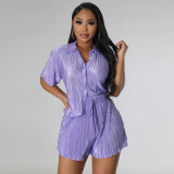 Women Summer Solid Crushed Top and Shorts Casual Two-piece Set