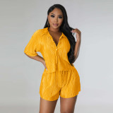 Women Summer Solid Crushed Top and Shorts Casual Two-piece Set