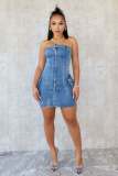 Women Sexy Strapless Washed Button Stretch Denim Dress