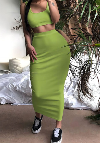 Women's Clothing Fashionable And Sexy Solid Color Vest Long Skirt 2-Piece Set