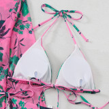 Printed Bikini Printed Mesh Cover-Up Three-Piece Swimsuit