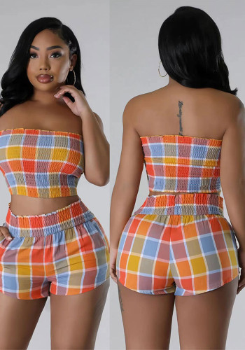 Women's Plaid Contrast Color Strapless Sexy Fashion Two Piece Shorts Set