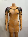 Women's Mesh Printing Round Neck Short Fashion Sexy Dress