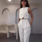 Summer Sleeveless Vest Top High Waist Straight Leg Pants Solid Color Two-Piece Set