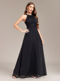 Halter Neck Low Back Pleated Slim Waist Formal Party Black Evening Gown