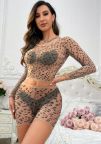 Women's Leopard Print Two Piece Erotic Lingerie Fishnet Clothing
