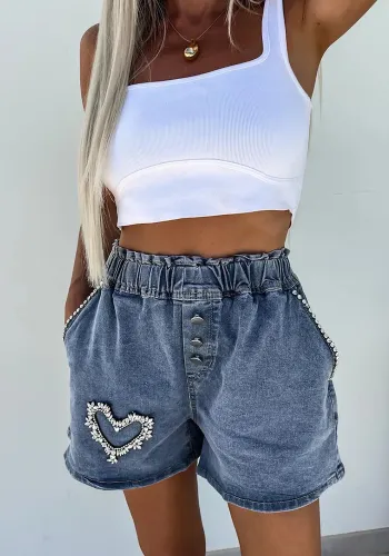 Summer Fashion Casual Heart Shape Rhinestone Denim Shorts