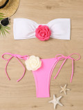 Women's Contrast Color Flower Bikini Two Pieces Strapless Strappy Beach Swimsuit