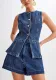 Summer Fashion Casual Sleeveless High Waist Women's Two Piece Denim Shorts Set