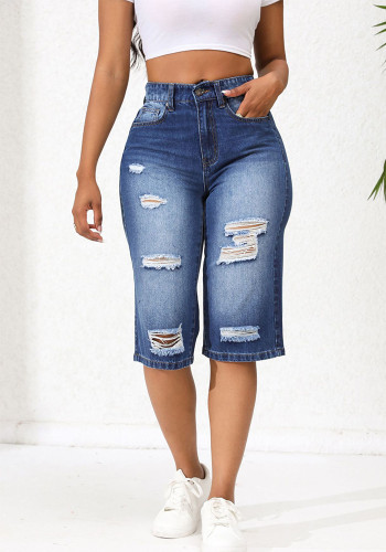 Summer Ripped Denim Pants Women's Three-Point Straight Leg Loose Trendy Midi Jeans