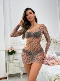 Women's Nude Leopard Print Nightdress Sexy Lingerie Net Clothing
