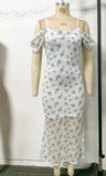 Women's Puff Sleeve Slit Printed Slim Mesh Dress