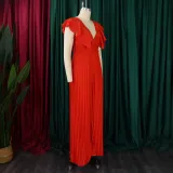 Women's Deep V Neck High Waist Sexy Ruffled Pleat Wide Leg Jumpsuit