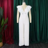 Women's Deep V Neck High Waist Sexy Ruffled Pleat Wide Leg Jumpsuit