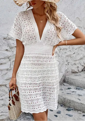 V-Neck Beach Cover-Up Short Sleeve Crochet Dress