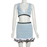Summer Fashion Sexy Deep V Sleeveless Top Slim Knitting Striped Bodycon Skirt Two Piece Set