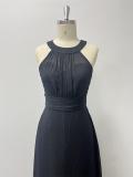 Halter Neck Low Back Pleated Slim Waist Formal Party Black Evening Gown