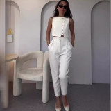 Summer Sleeveless Vest Top High Waist Straight Leg Pants Solid Color Two-Piece Set