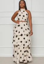 Women's Halter Neck Polka Dot High Waist Ruffle Fashion Skirt Set