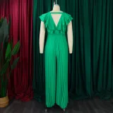 Women's Deep V Neck High Waist Sexy Ruffled Pleat Wide Leg Jumpsuit