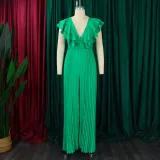 Women's Deep V Neck High Waist Sexy Ruffled Pleat Wide Leg Jumpsuit