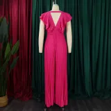 Women's Deep V Neck High Waist Sexy Ruffled Pleat Wide Leg Jumpsuit