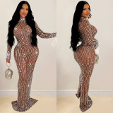 Fashion Women's Solid Color Beaded Mesh Long Dress