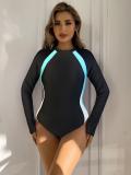 Color Block One-Piece Long Sleeve Sexy Hollow Low Back  Swimsuit