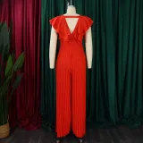 Women's Deep V Neck High Waist Sexy Ruffled Pleat Wide Leg Jumpsuit