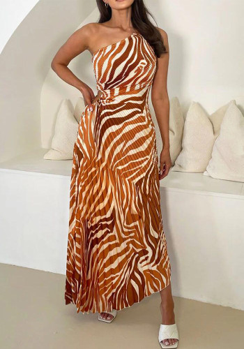 Summer Pleated Printed One-Shoulder Sleeveless Maxi Dress
