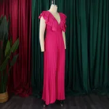 Women's Deep V Neck High Waist Sexy Ruffled Pleat Wide Leg Jumpsuit